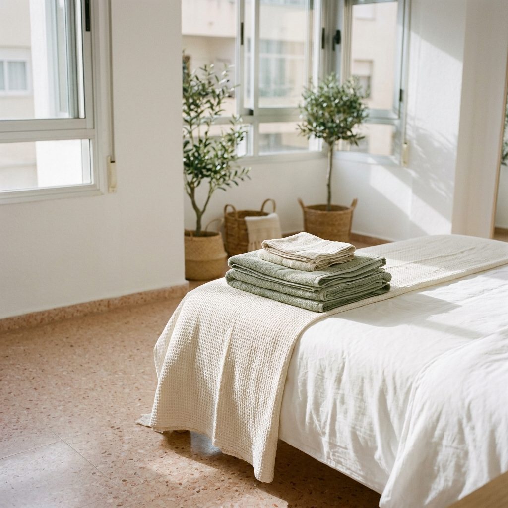 Cama hecha con ropa limpia y toallas dobladas