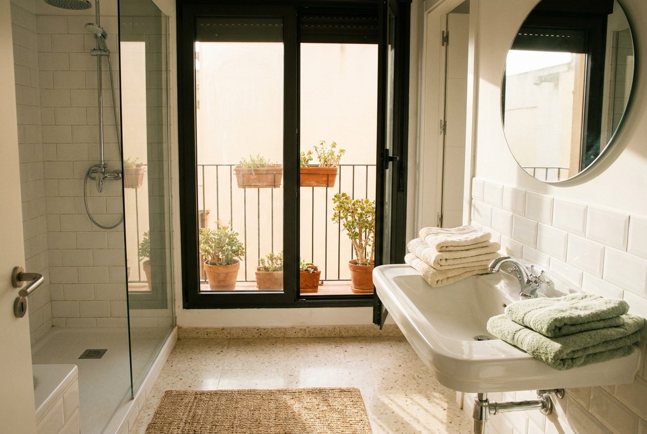 Baño limpio con grifería reluciente