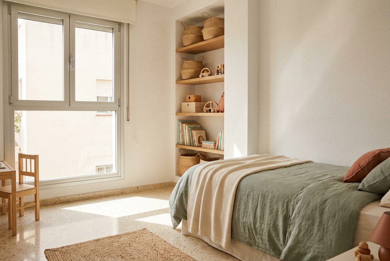 Dormitorio recogido y limpio