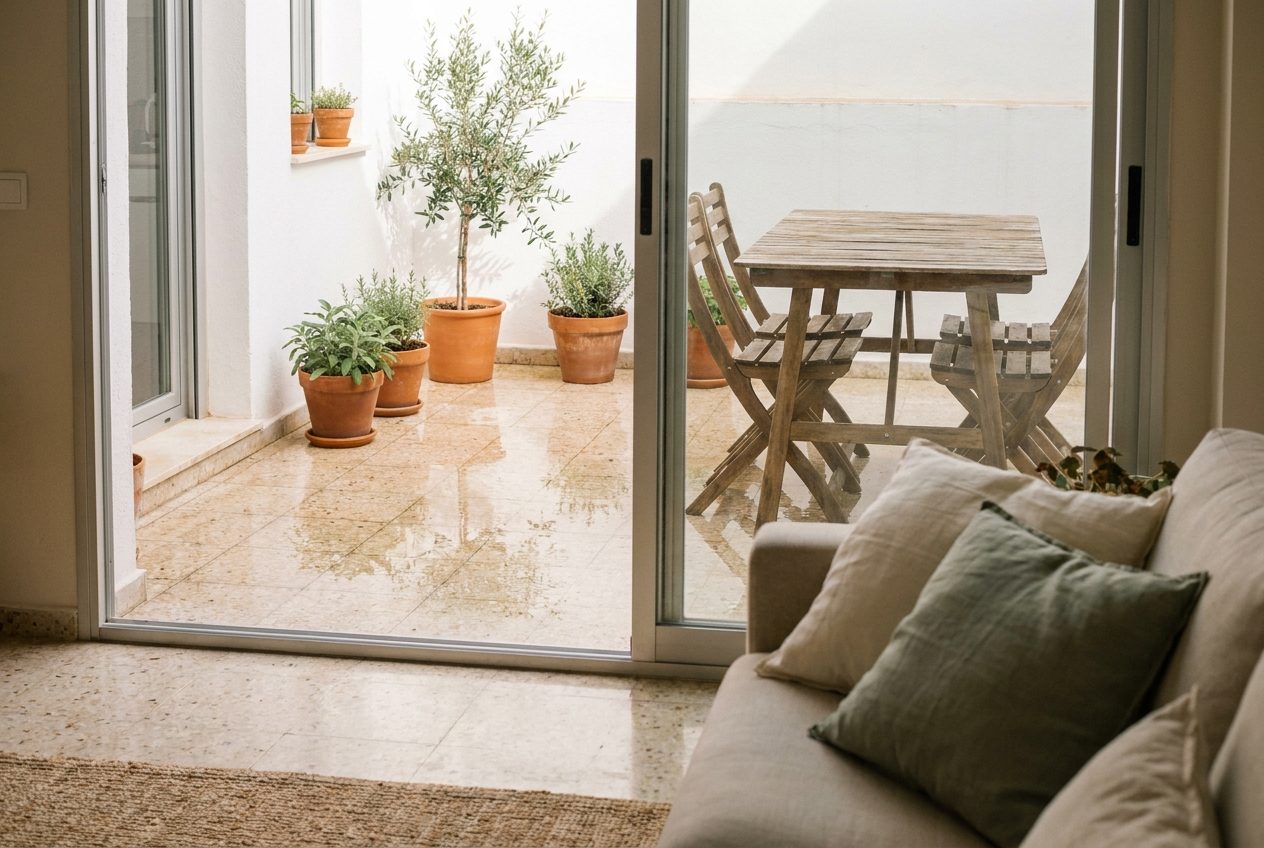 Terraza fregada y recogida